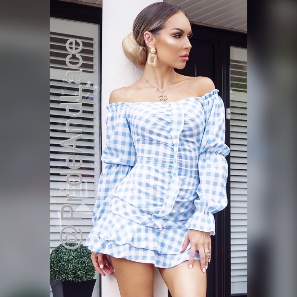 LAST1️⃣✨Blue Gingham CheckFront RuffleBardotDress✨ - Picture 4 of 5